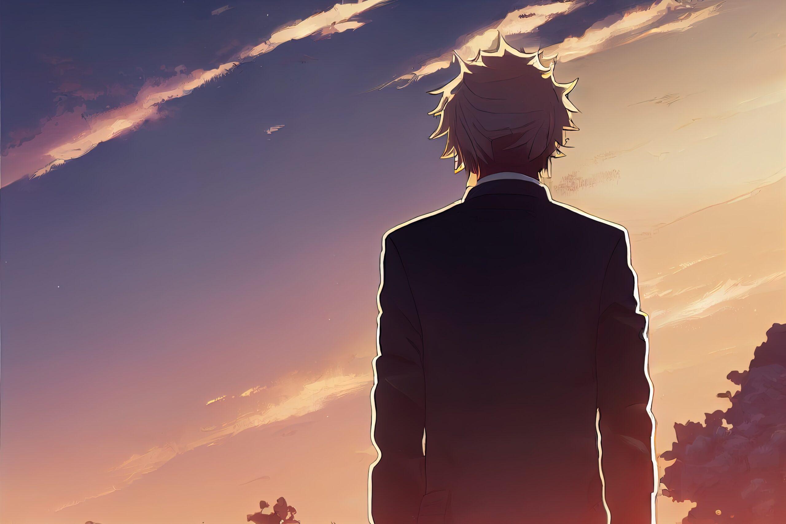 Anime man looking in the distance at sunset. Manga style digital