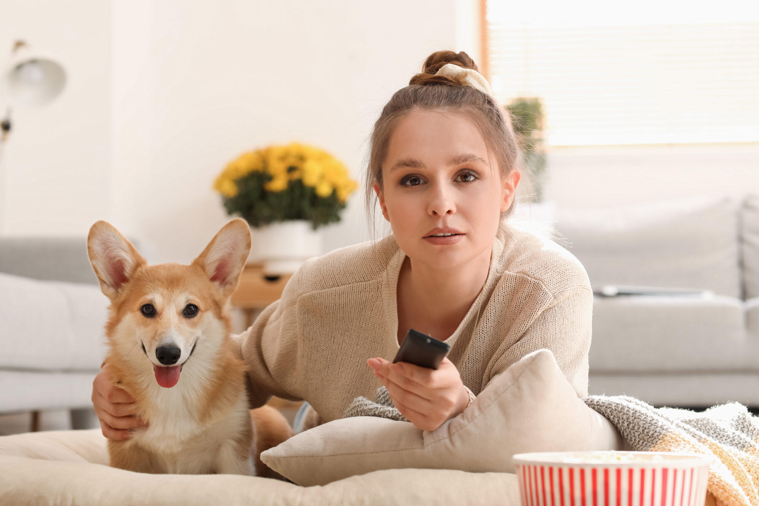 Young woman with cute Corgi dog watching TV at home