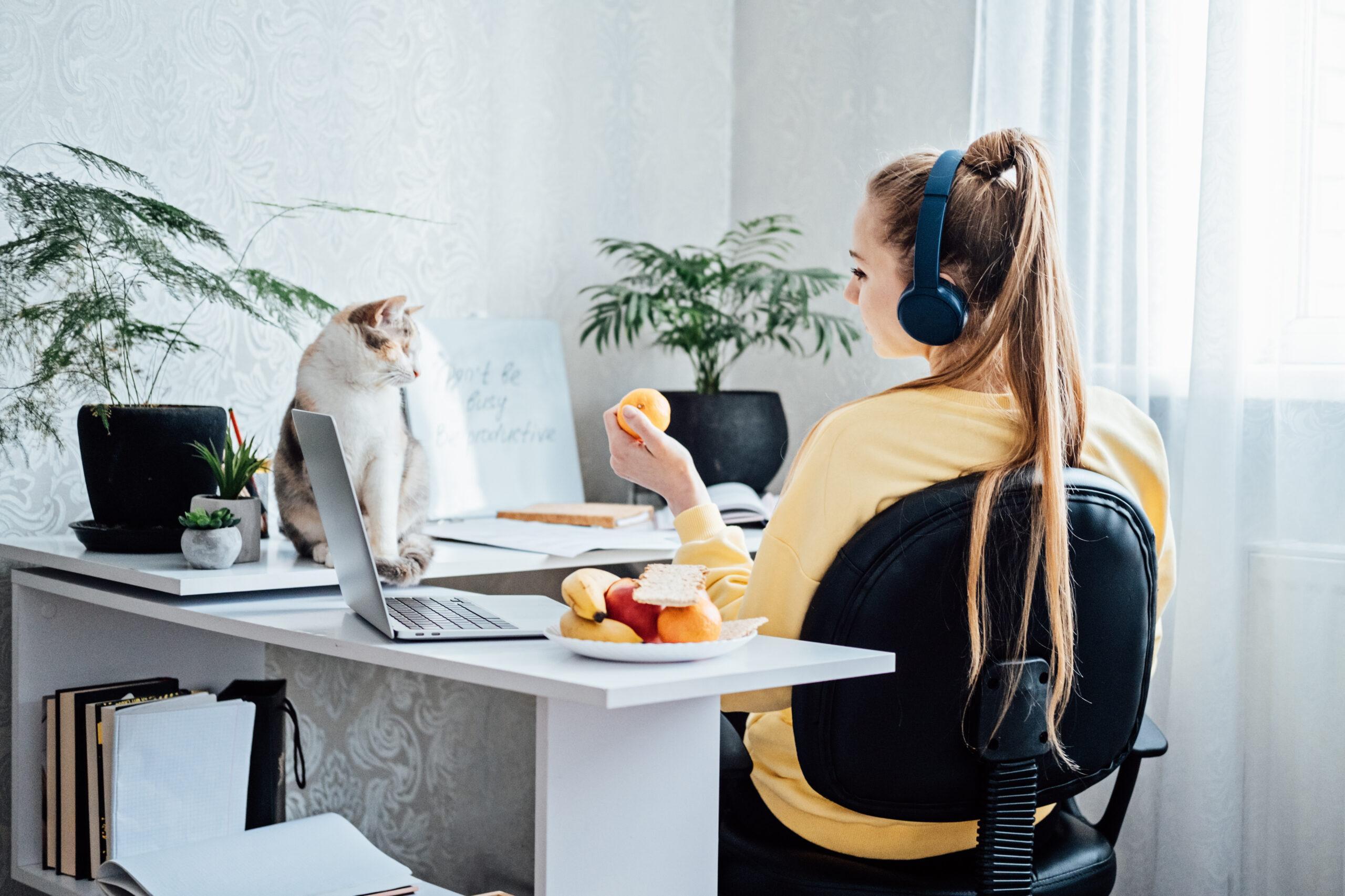 Mental health and work. Work life balance. Young woman in headphones near laptop at home office resting after work. freelancer woman play with cat and eating health food, Taking break time