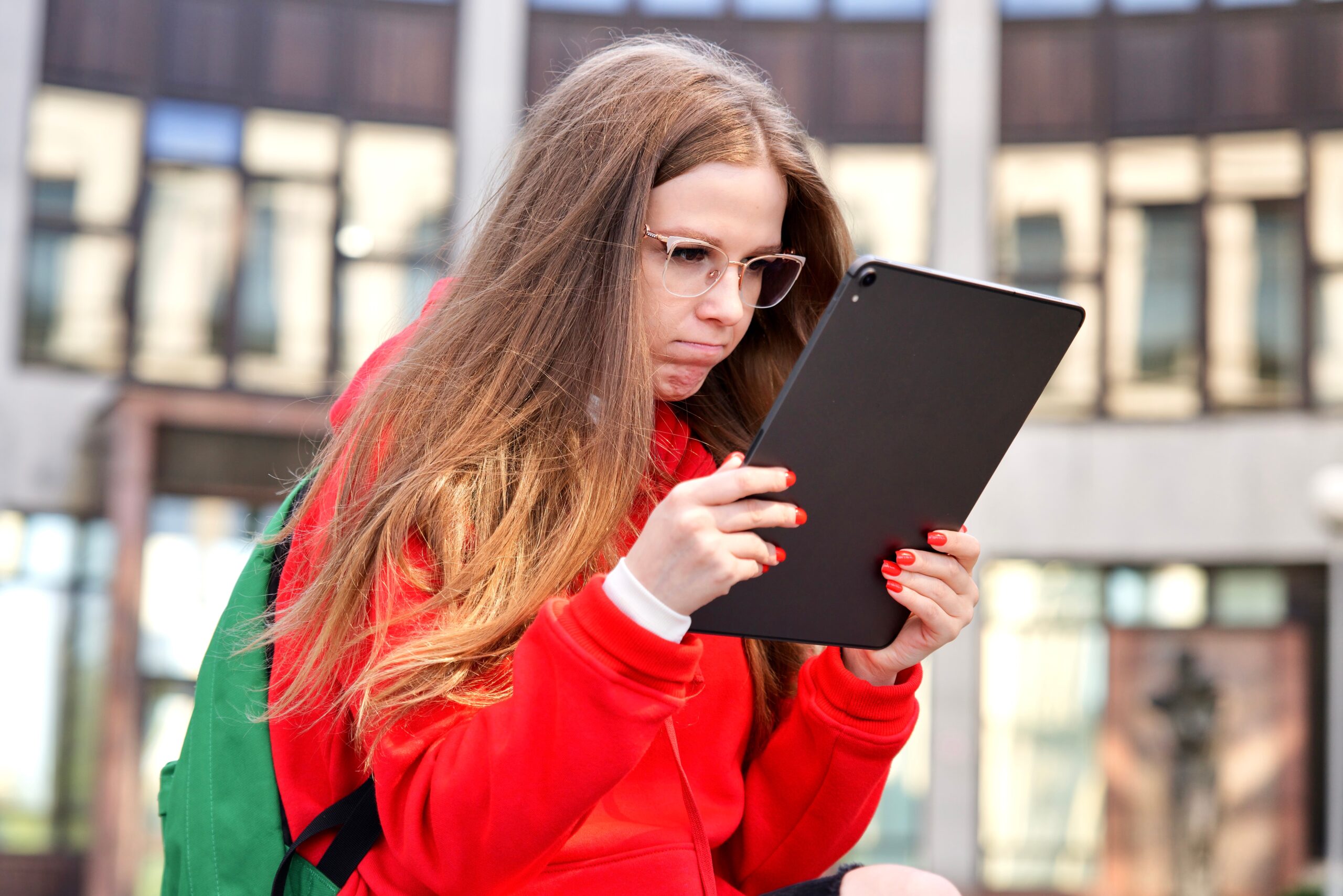 Young university student visibly upset at what she sees on her tablet