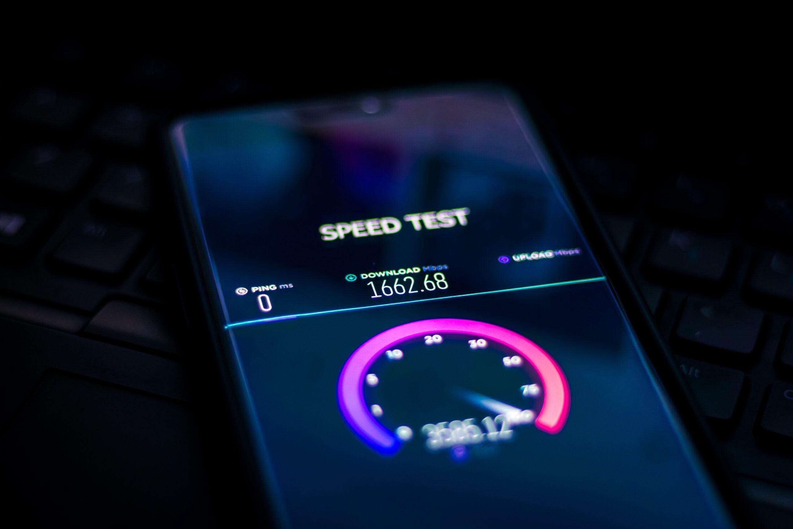 Speedtest on phone. 5G network test. Very fast internet. Testing