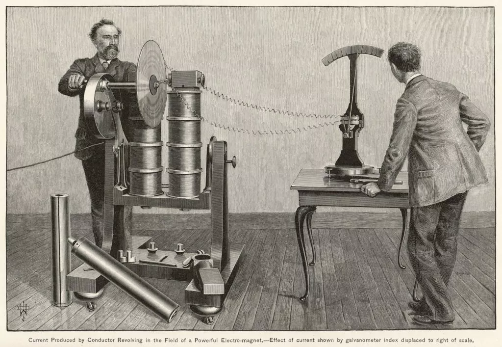 Illustration of an 1889 electricity experiment.