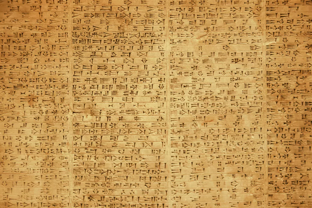 Ancient Babylonian or Persian cuneiform symbols on rock tablet.