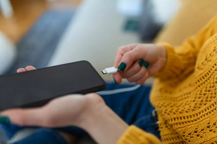 Woman hands plugging a charger in a smart phone at home