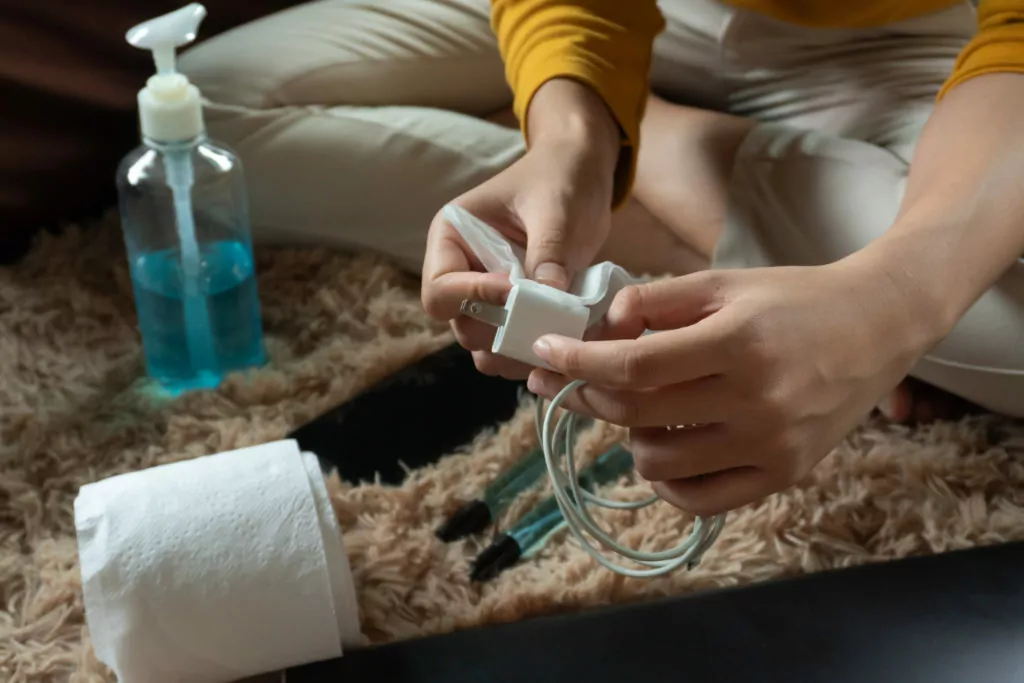 Cleaning a mobile charger with a cloth.