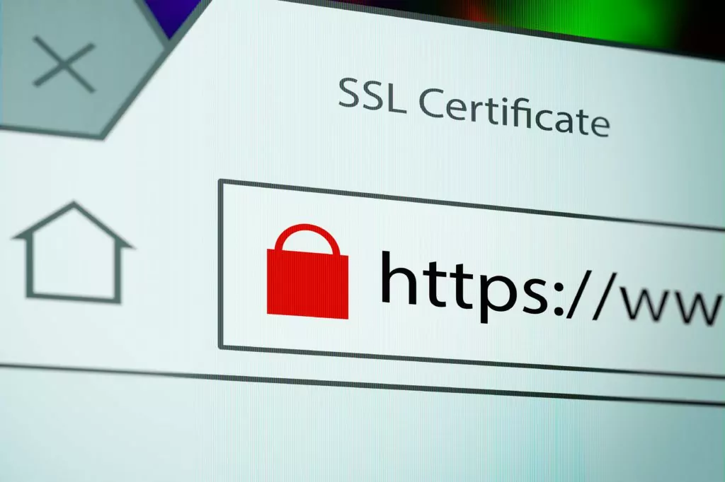 Close-up of a browser window showing lock icon during SSL connection.