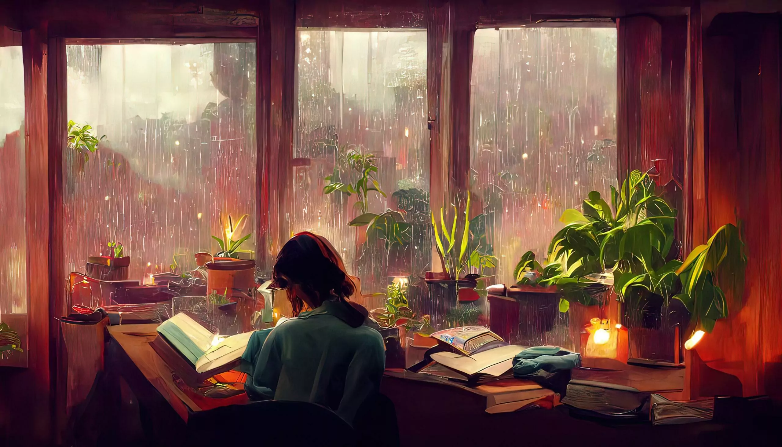 Lofi Girl studying at her desk. Rain ourside, beautiful chill, a