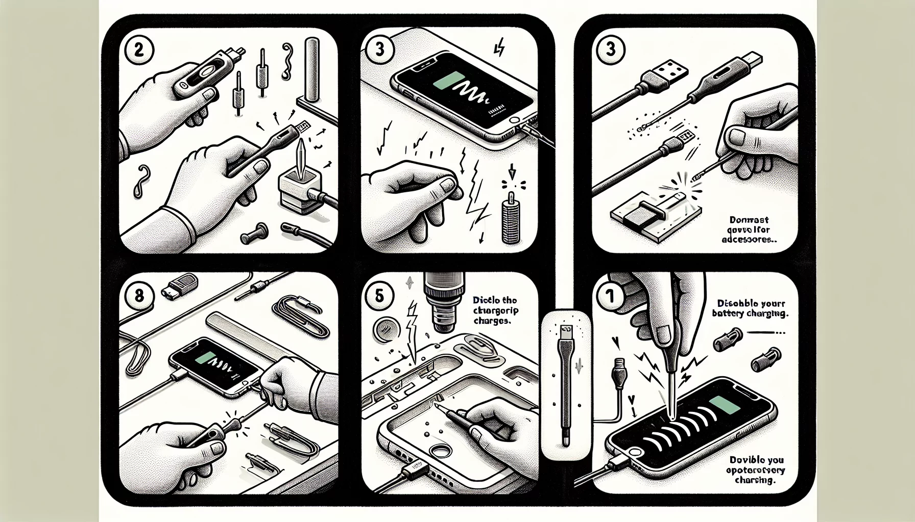 Illustration of troubleshooting steps for fixing iPhone charging problems