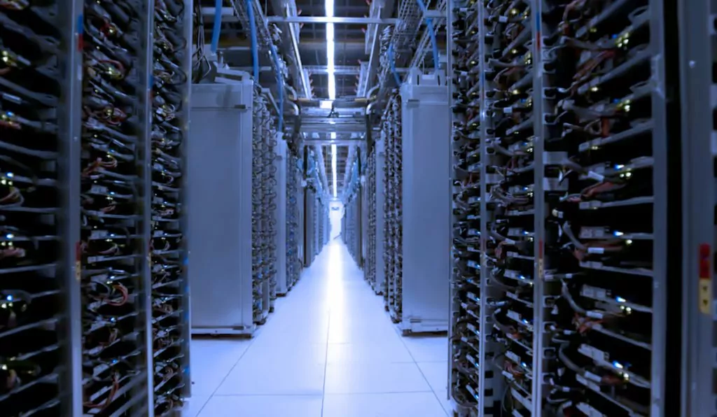 Corridor in a data center with servers and supercomputers.