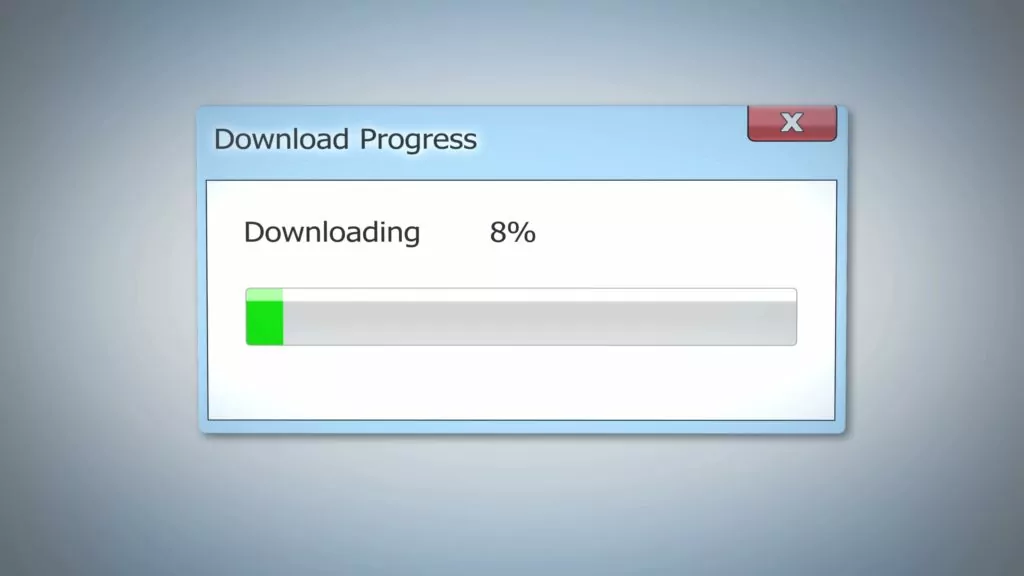 Download progress at 8%, dialog window.
