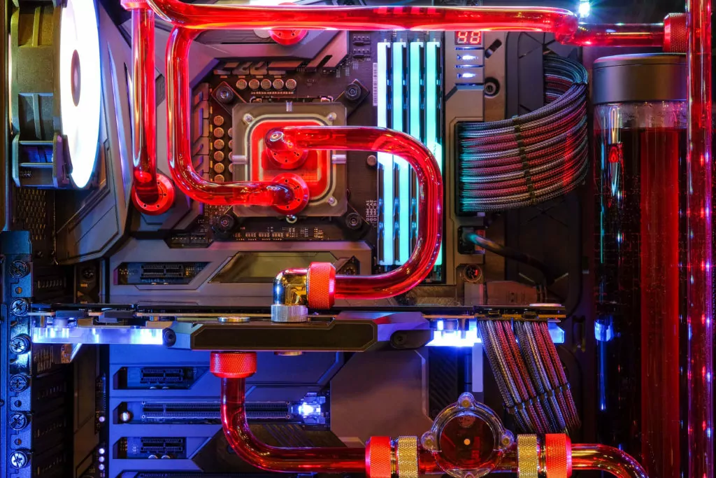 Inside gaming computer with water cooling system.