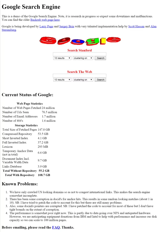 Screenshot of one of the first versions of google.com.