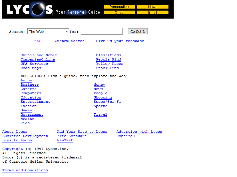 Screenshot of the Lycos website in 1997.
