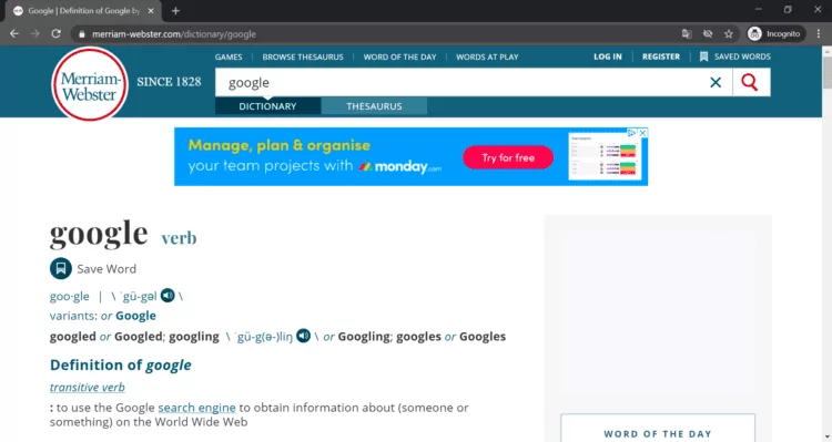 Screenshot of merriam webster website that show the Google verb definition.
