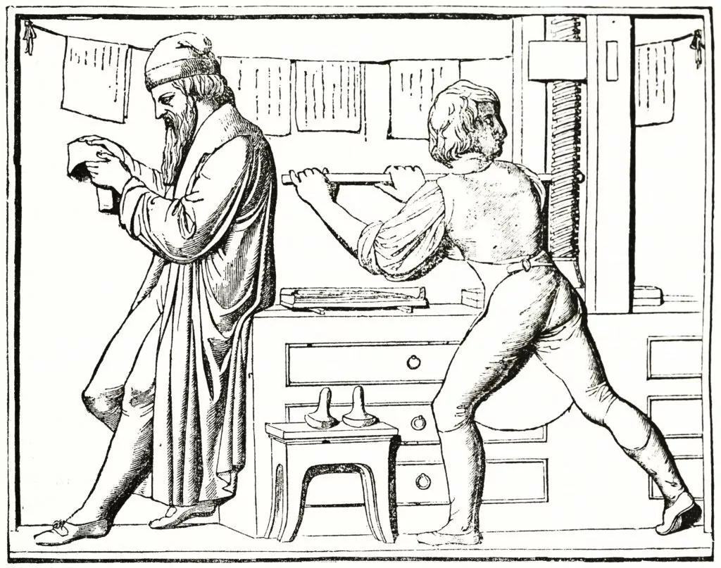 Old Gutenberg printing press illustration.