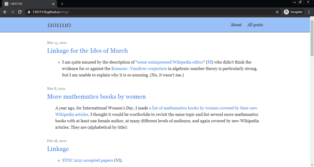 Screenshot of the 11011110 computer science blog