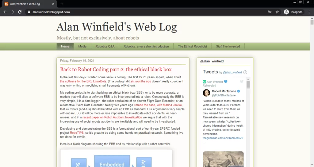 Screenshot of the Alan Winfield’s Web Log computer science blog