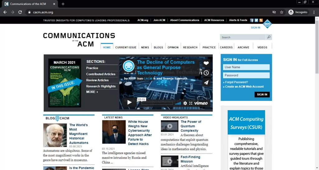 Screenshot of the CACM (Communications of the ACM) computer science blog