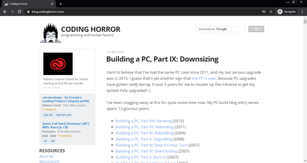 Screenshot of the Coding Horror. Programming and Human Factor computer science blog