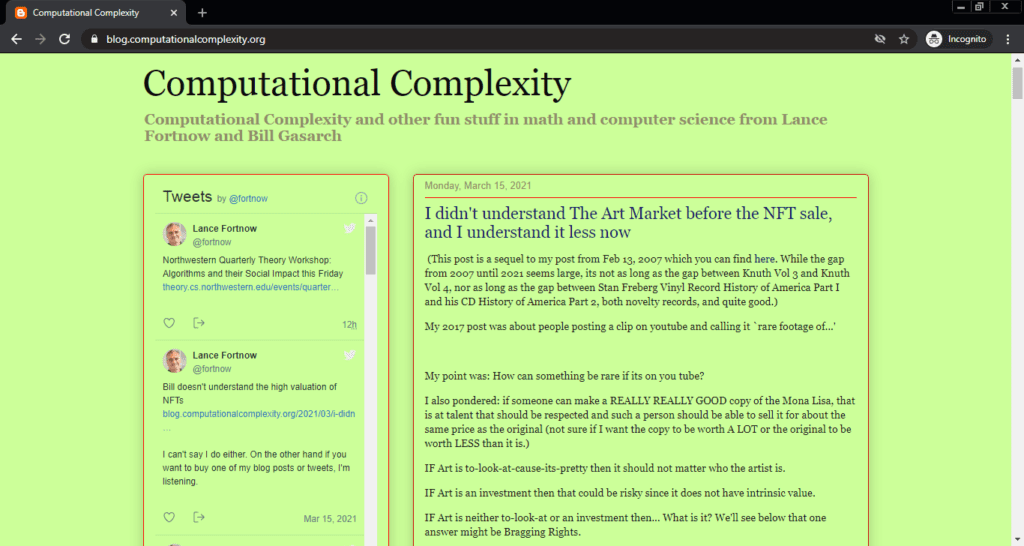 Screenshot of the Computational Complexity computer science blog