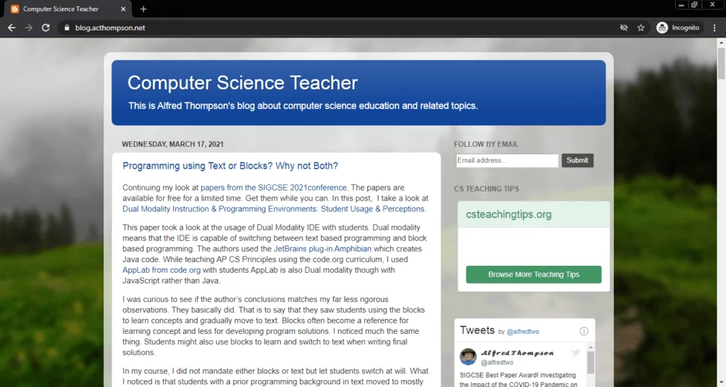 Screenshot of the Academic Computing computer science blog