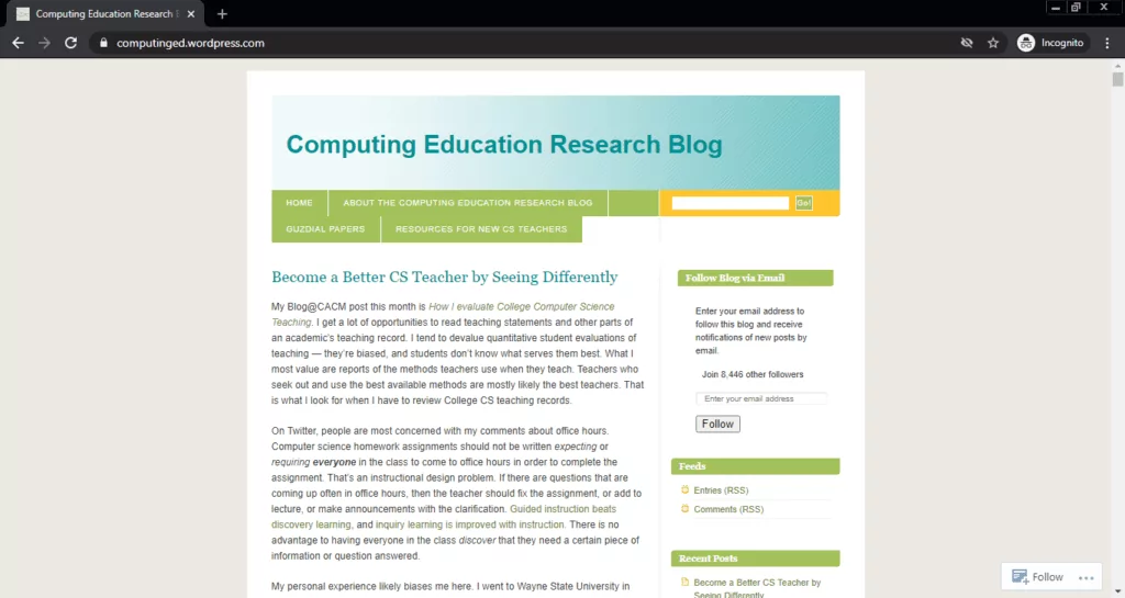 Screenshot of the Computing Education Research computer science blog