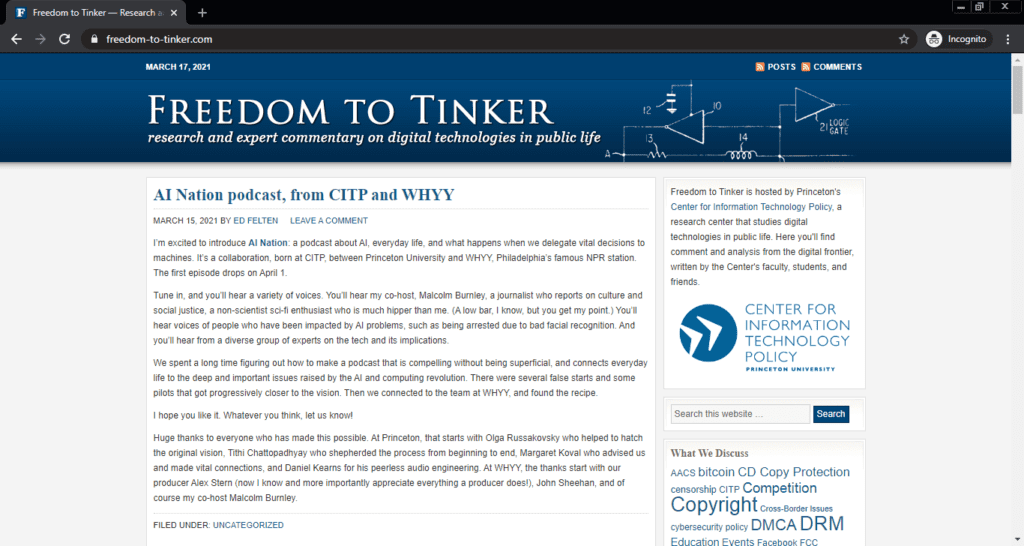 Screenshot of the Freedom to Tinker computer science blog