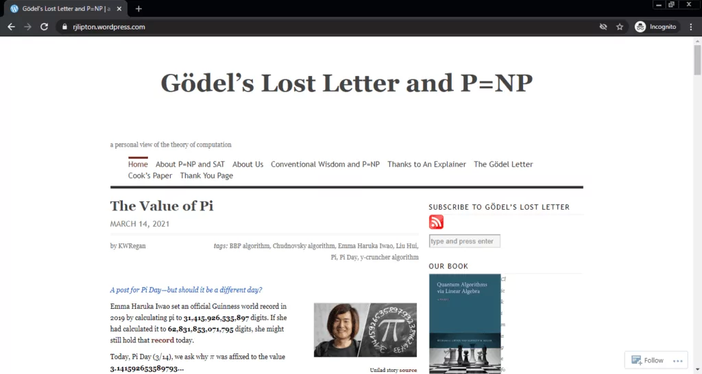 Screenshot of the Gödel’s Lost Letter and P=NP computer science blog