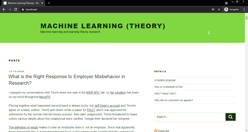 Screenshot of the Machine Learning (Theory) computer science blog