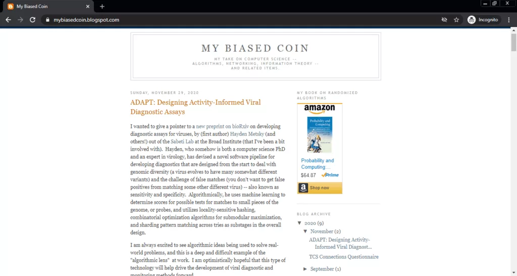 Screenshot of the My Biased Coin computer science blog