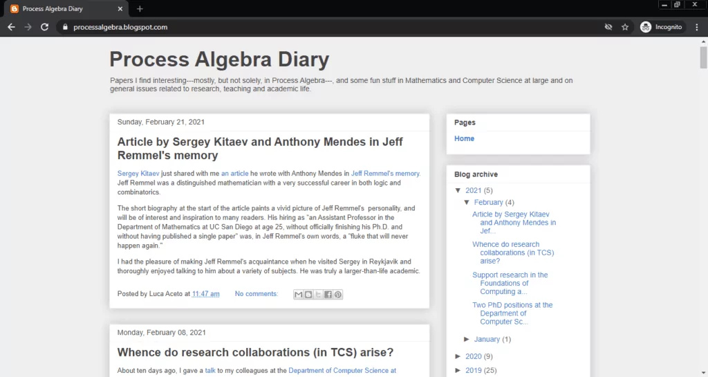 Screenshot of the Process Algebra Diary computer science blog
