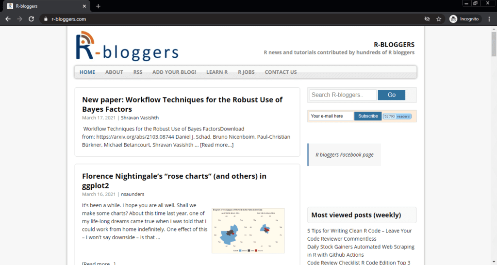 Screenshot of the R-bloggers computer science blog