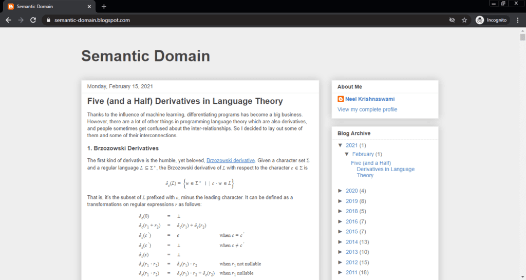 Screenshot of the Semantic Domain computer science blog