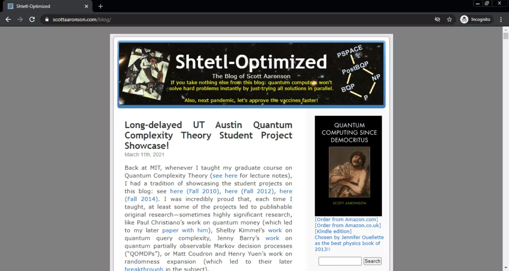 Screenshot of the Shtetl-Optimized computer science blog