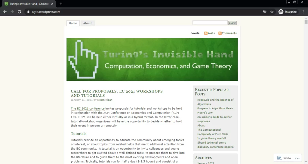 Screenshot of the Turing’s Invisible Hand computer science blog