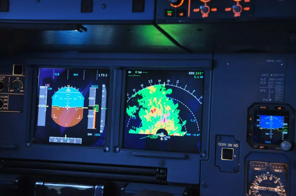 Close-up shot of weather radar on the navigation display screen.